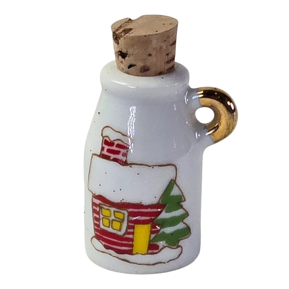 Mini Porcelain Christmas Bottle House Cork Stopper Holiday Decor Jug Log Cabin